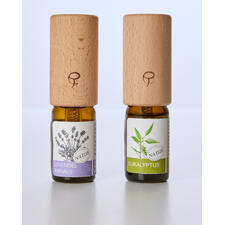 Set aus ätherischen Ölen Lavendel und Eukalyptus in kleinen Fläschchen.