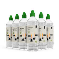 Sechserpack Bioethanol-Flaschen mit grünen Verschlüssen auf weißem Hintergrund.