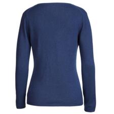 V-Pulli, Navy Rückansicht eines navyfarbenen Kaschmirpullovers für Damen.