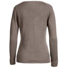 V-Pulli, Taupe Rückansicht eines taupefarbenen Kaschmirpullovers für Damen.