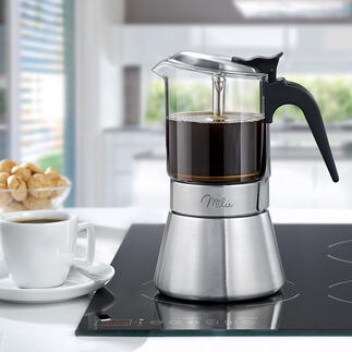 Espressokocher Deluxe Genuss für alle Sinne: der Espressokocher aus Glas und Edelstahl. Lässt Sie zuschauen, wie Ihr Espresso gebrüht wird.