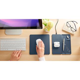 3-in-1 Schreibtisch-Pad Magnetisch verbunden: Mousepad, Qi-Ladepad und Organizer im eleganten Design. Smart, ästhetisch und flexibel einsetzbar.