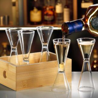 Spirituosengläser-Set, 7-teilig  Edles, beidseitig befüllbares Glasdesign für 2 cl und 4 cl. Hochwertig mundgeblasen, mit dekorativer Holzbox.