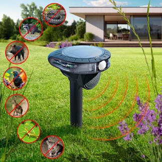 Elektronische Tierabwehr im Garten mit verschiedenen Tieren in Symbolform.