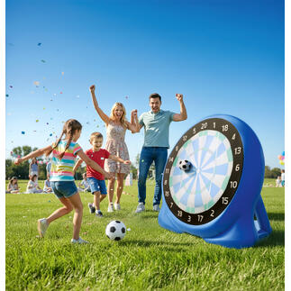 Familie spielt Fussball-Dart im Freien mit einer großen Zielscheibe.
