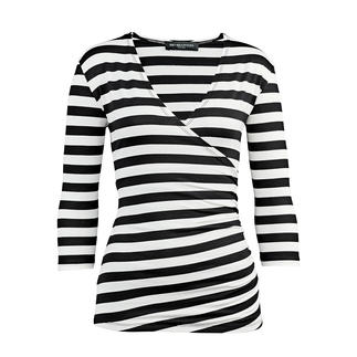 Gestreiftes Wickelshirt in Schwarz und Weiß auf weißem Hintergrund.