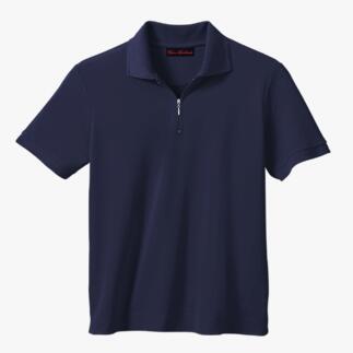 Dunkelblaues Poloshirt mit Reißverschluss, auf weißem Hintergrund.