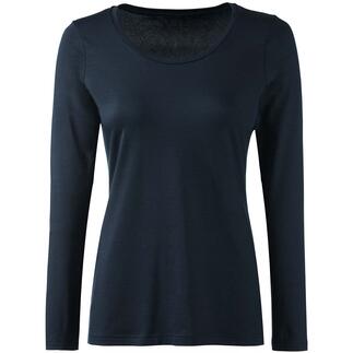 Marineblaues Langarm-Rundhalsshirt, Vorderansicht.