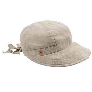 Beige Kappe mit Schleife und geprägtem Logo.