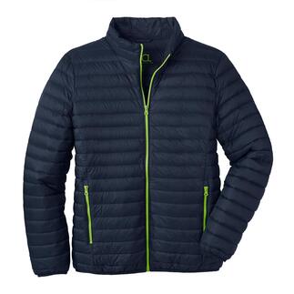 Schwarze Sommerdaunen-Steppjacke mit Reißverschluss und Taschen.
