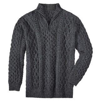 Dunkelgrauer, grob gestrickter Troyer mit Zipper.