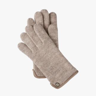 Beige Walkhandschuhe in leichtem Stoff auf hellem Hintergrund.