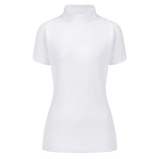 Weißer Kurzarm-Pullover, Gr. 36, mit Stehkragen.