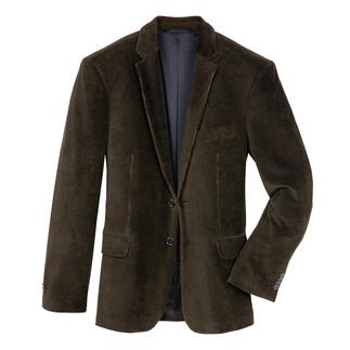 Dunkelgrünes Jersey-Cord-Sakkow für Herren, liegend auf einem Untergrund.