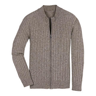 Hellgraue Yak-Strickjacke mit Reißverschluss.