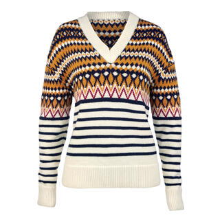 Frontansicht des Jacquard-Pullovers für Damen in Navy, Offwhite, Orange und Rot.