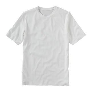 Weißes Tencel™-Basic-T-Shirt auf grauem Hintergrund.