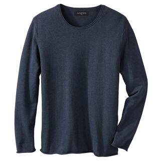 Dunkelblauer Pullover auf einem weißen Hintergrund, leicht raues Material.