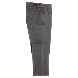 Graue Five-Pocket-Thermo-Jeans, seitlich liegend auf weißem Hintergrund.