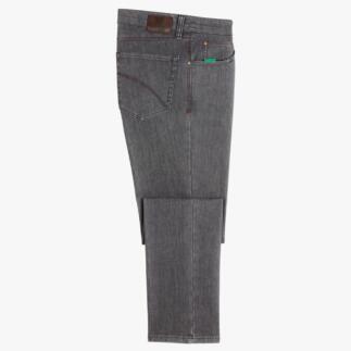 Graue Five-Pocket-Thermo-Jeans, seitlich liegend auf weißem Hintergrund.