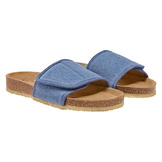 Zwei Hanf-Pantoletten von Grand Step Shoes in blauer Farbe, von der Oberseite betrachtet.