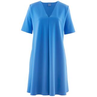Vordere Ansicht des blauen A-Shape-Kleides mit V-Ausschnitt
