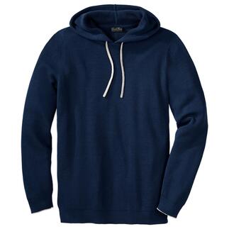 Dunkelblauer Pima-Rippstrick-Hoodie mit Kordelzug.