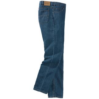 Hanf-Jeans im Stehen, von der Seite gezeigt.