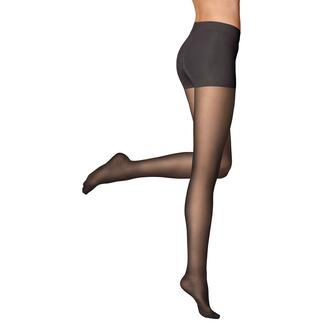 Frau mit schwarzer Contouring-Strumpfhose, die auf einem Bein posiert.