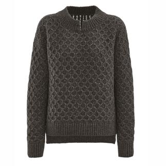 Dunkelgrüner Pullover mit Struktur, hoher Kragen und lässiger Schnitt.