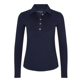 Navyfarbene Winter-Poloshirt mit langen Ärmeln und Knopfleiste auf weißem Hintergrund.