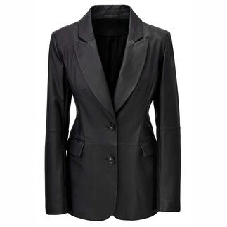 Schwarzer Blazer aus Olivengegerbtem Lammnappa mit zwei Knöpfen.