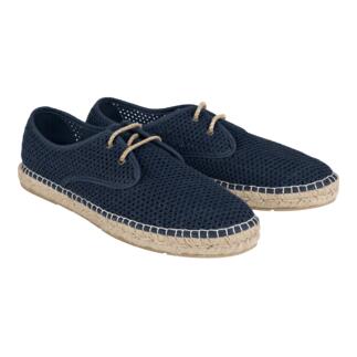 Dunkelblauer Mesh-Sommerschuh mit Jutesohle, seitlicher Ansicht.