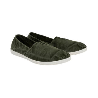 Zwei dunkelgrüne Natural World Slip-Ons von vorne.