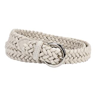 Elastischer Leder-Flechtgürtel in Offwhite, auf einem Tisch liegend.