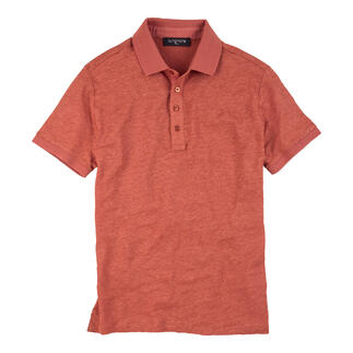 Terrakottafarbendes Leinen Polo-Shirt in Größe 48 mit kurzer Ärmeln und einem klassischen Kragen.