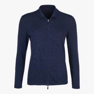 Damen-Polo-Cardigan in hellbeige in der Vorderansicht.