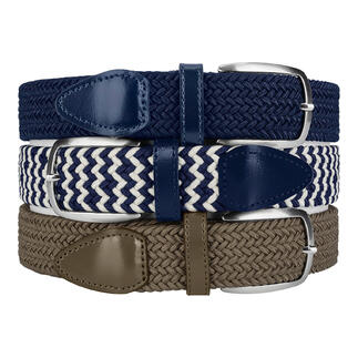 Drei elastische Gürtel in Blau, Beige und Navy mit verschiedenen Metallgürtel