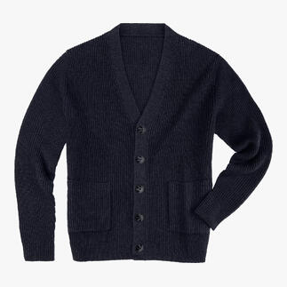 Vorderansicht eines navyfarbenen Cardigans mit Taschen und Knöpfen