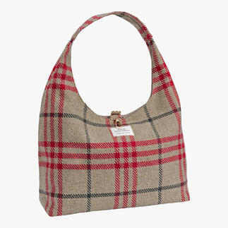 Tartan-Shopper frontal mit Etikett, rot-weißes Karomuster
