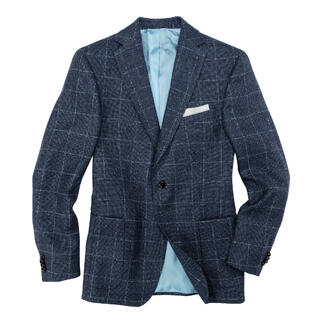 Carl Gross Panama-Sakko in blau mit grauem Innenfutter, lässig drapiert.