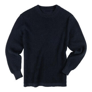 Dunkelblauer Waffelpullover in einer strukturierten Optik, Größe 48.