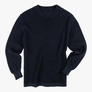 Dunkelblauer Waffelpullover in einer strukturierten Optik, Größe 48.