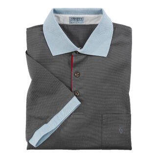 Grau gestricktes Polo mit hellblauem Kragen und Knopfleiste