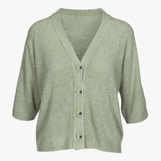Grüner Seiden-Bouclé-Cardigan mit V-Ausschnitt und fünf Knöpfen.
