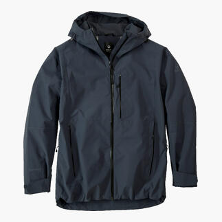 Schwarze Hardshell-Jacke geöffnet, sichtbar mit Taschen.