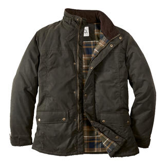 Olivgrüne Oilskin-Outdoorjacke mit Karomuster innen und Knöpfen.