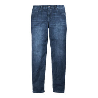 Indigo Sommer-Jeans in gerader Passform auf weißem Hintergrund.