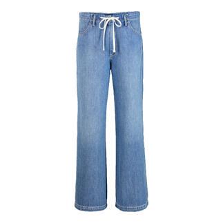 Vordere Ansicht einer blauen Baumwoll-Jeans mit Kordelzug