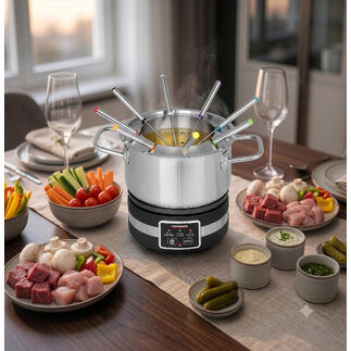 Multifunktions-Fonduegerät mit mehreren Spießen auf einem gedeckten Tisch.